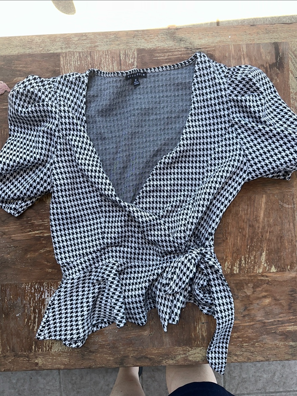 Haute Monde Black & White Houndstooth Wrap Blouse with Tie